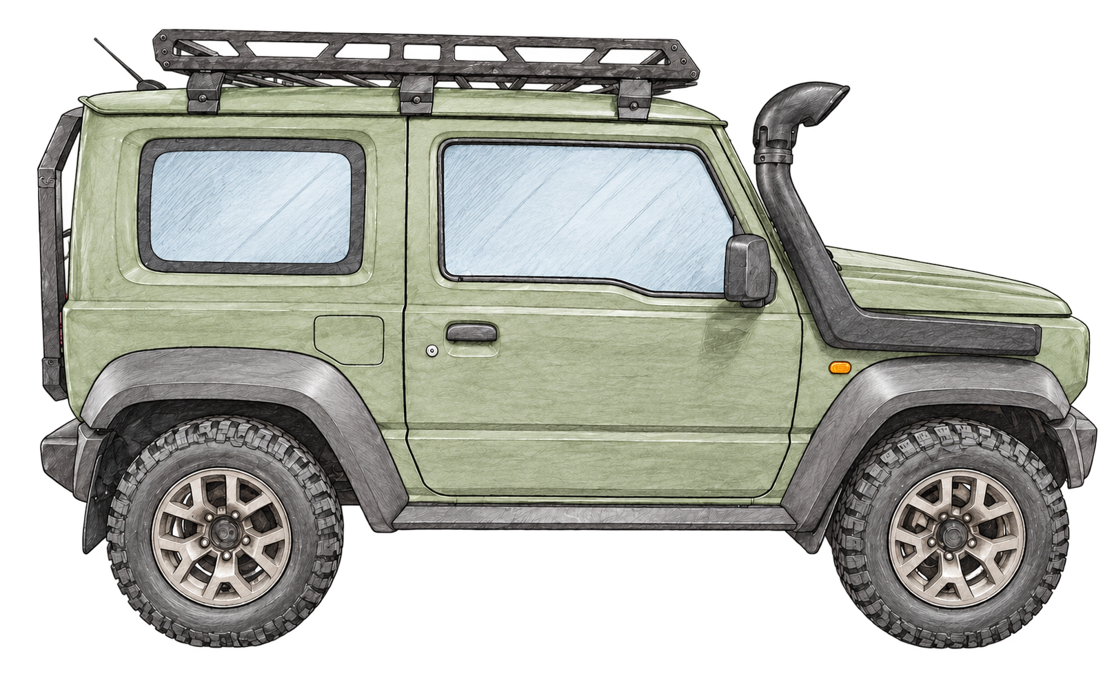 Pencil drawing of our pale green off-road car with roof rack and snorkel