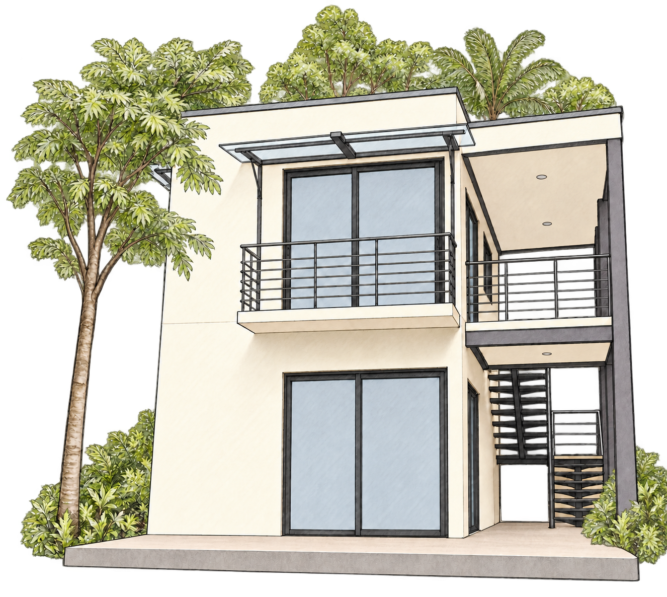 Pencil drawing of our two-story house with tropical trees